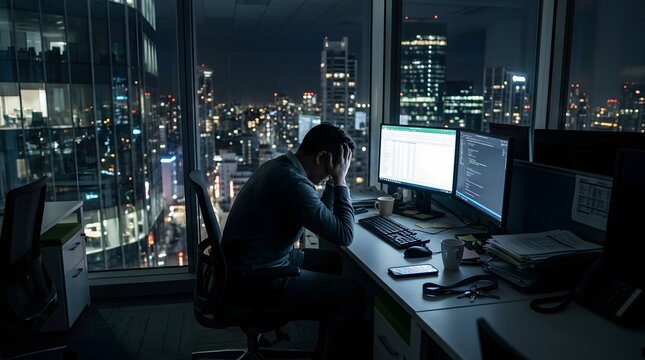 Stressed Office Worker Sitting Alone at Dual Monitors During Late Night Work