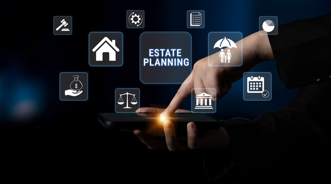 Digital Concept of Estate Planning with Icons Representing Financial, Legal, and Personal Services for Effective Wealth Management and Future Security. Glyphic.