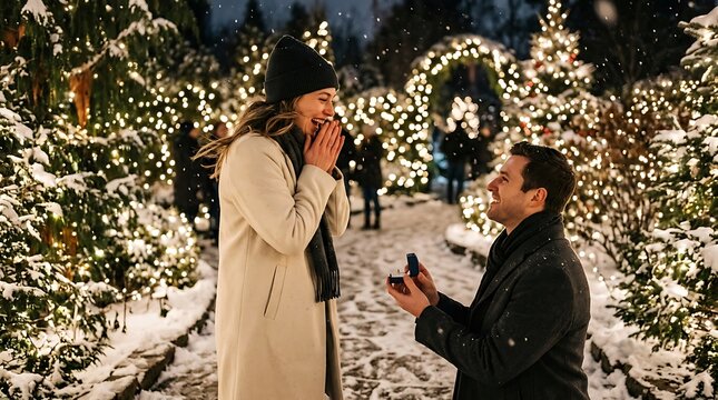 Man proposing marriage to surprised woman in snowy winter holiday park