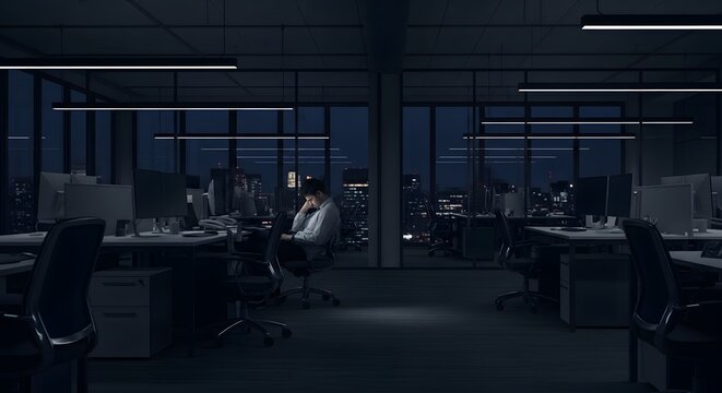 Quiet Empty Office at Night Representing Workplace Burnout and Exhaustion