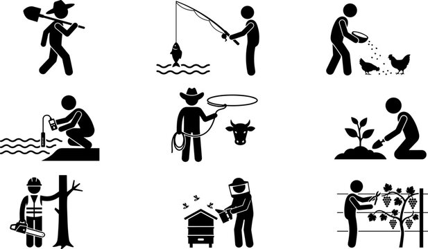 Farming Beekeeping Vineyard and Forestry Stick Figure Silhouette Icon Set