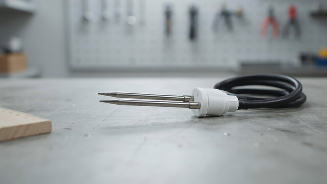 Soil moisture meter probes with black cable on concrete surface