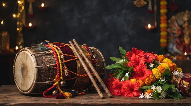 3d Durga Puja  abstract background design mew 2026 Traditional wooden drum with colorful flowers in dark decorative setting illustration
