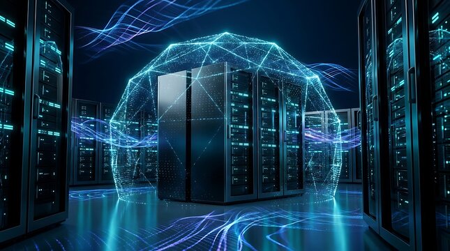 Data center server racks protected by digital cybersecurity shield