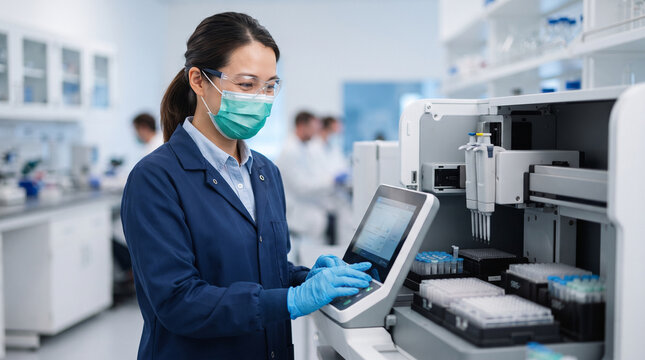 Female scientist wearing a face mask and safety glasses operating a laboratory analyzer machine