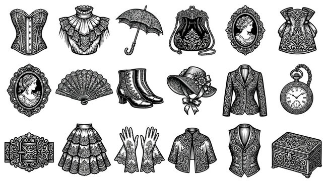 Victorian Vintage Fashion Clothes and Accessories Set Line Art Vector Illustration Isolated on White Background
