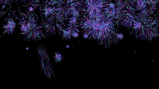 Grand Fireworks Display Composition in 4K Spectacular Multi Explosion Holiday Animation with Glowing Sparkle Rays, Shimmering Light Particles, and Vibrant Pyrotechnic Effects Overlay