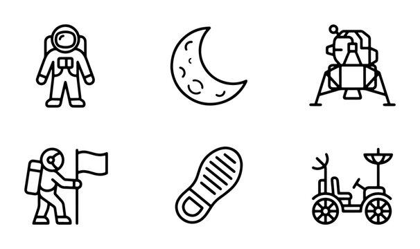 Space exploration line icons set with astronaut, moon, lunar module and rover for science and travel