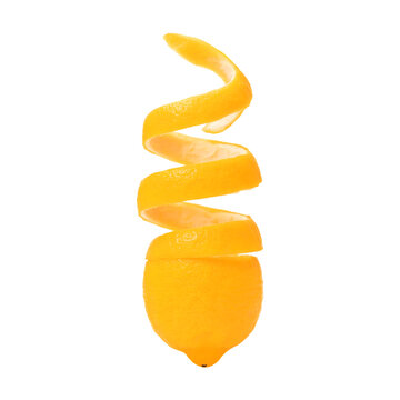 Fresh whole lemon with a peeled spiral skin zest transparent background