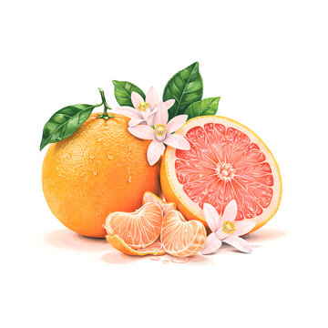 Fresh juicy citrus fruits with flowers and leaves illustration transparent background