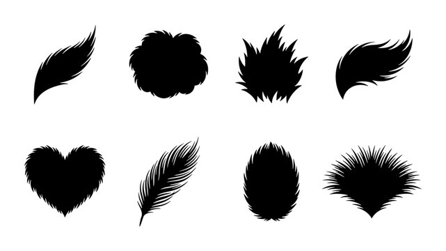 Feather and tuft silhouettes set with heart shape for design elements