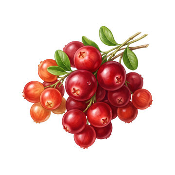Fresh red lingonberry branch with green leaves isolated illustration transparent background