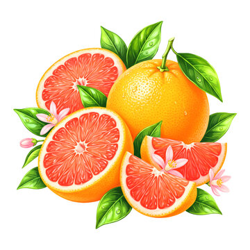 Fresh juicy grapefruit composition with green leaves and flowers transparent background