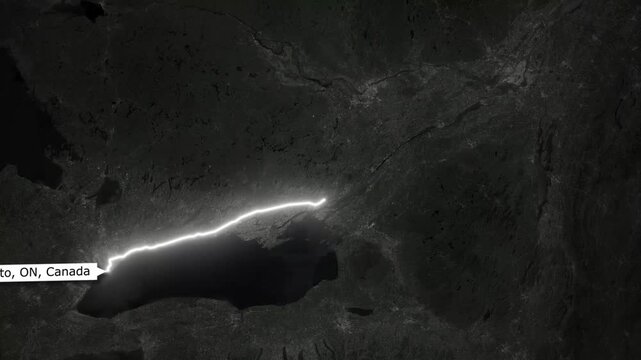 Flight Route Animation From Toronto to Montreal on Canada Map