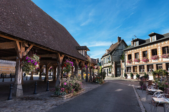 Close-up of the old 12th-century timber-framed market halls in the town of Lyons-la-For&ecirc;t in Normandy, France