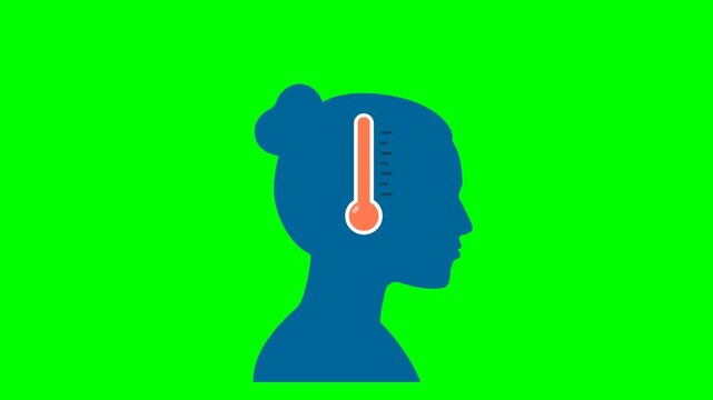 Woman with thermometer in her head. Anxiety, tension, stress. Colds. Angry girl in anger, steam coming out of her ears. Unhappy girl upset, angry. Control of emotions. 2d flat animation. Alpha channel