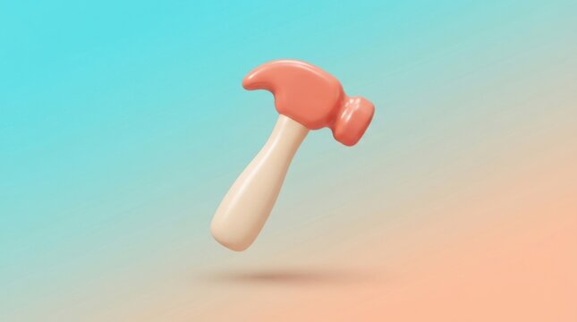 3D render of hammer tool with pink and white handle on gradient background