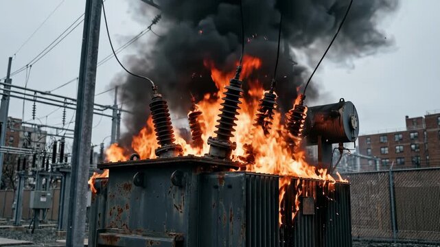 A substation electrical transformer is engulfed in flames and dark smoke, depicting a catastrophic failure and energy infrastructure emergency