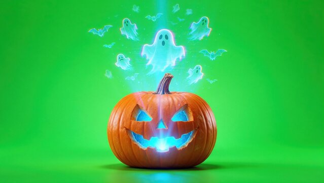 Pumpkin with holographic projections from face, digital ghosts and bats flying, futuristic Halloween