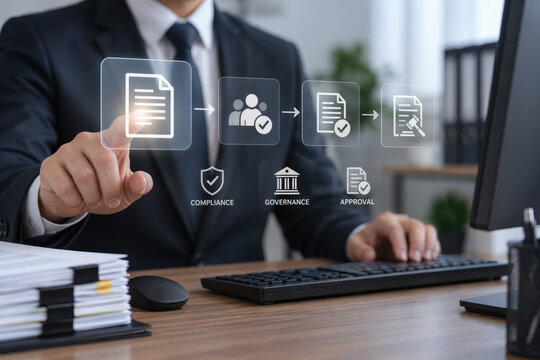 Document management compliance and governance workflow showing businessman tapping digital file icon on office computer keyboard monitor for legal approval process and corporate document control