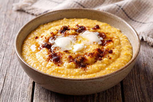 A close up view of traditional Cape Verde Xerem corn porridge topped with butter and coconut sugar.