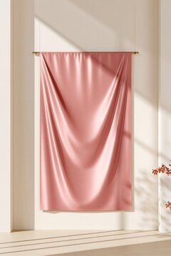 Soft pink satin fabric draped on gold rod against cream wall with sunlight casting shadows and autumn leaves in corner