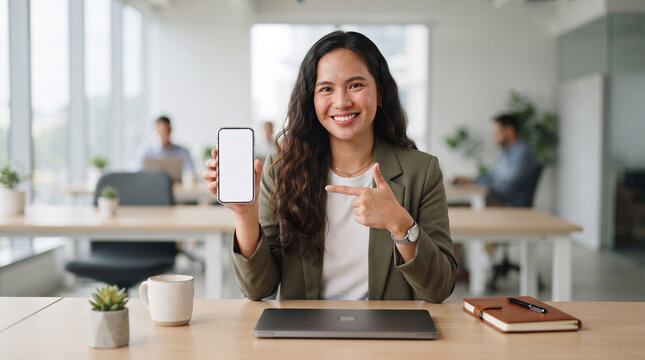 Smiling businesswoman holding up a smartphone with a blank white screen in a modern office