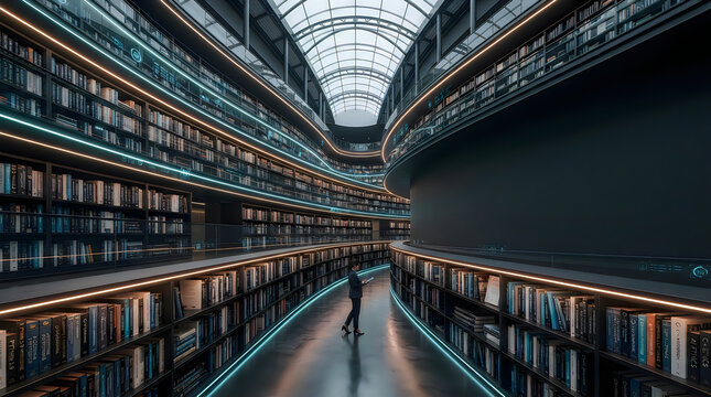 A lonely person walking through a modern library with tall dark bookshelves and glowing light lines
