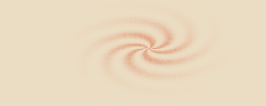 Red halftone dot spiral vortex on a light beige background