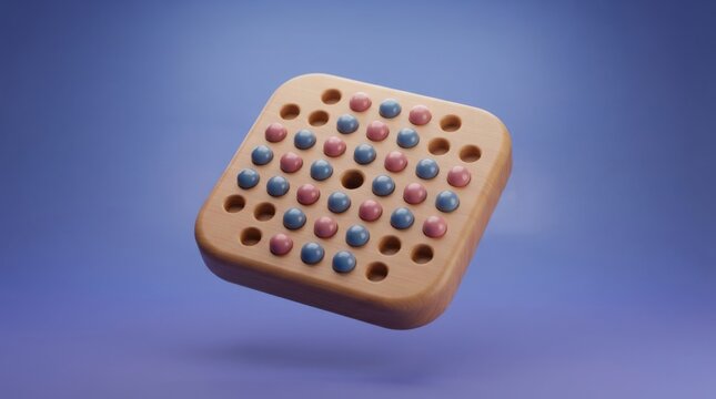 3D render of a wooden peg solitaire board game with blue and pink spherical pegs on a solid blue background