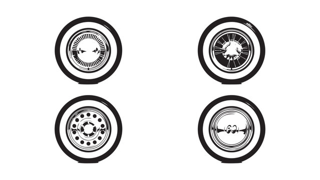 Vintage Car Wheels and Classic Whitewall Tires with Detailed Hubcaps in Vector Design and Illustration Style