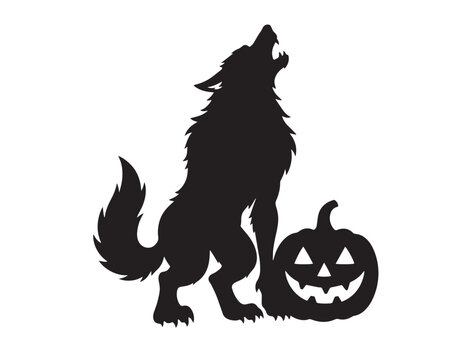 Halloween werewolf silhouette howling beside a carved jack o lantern