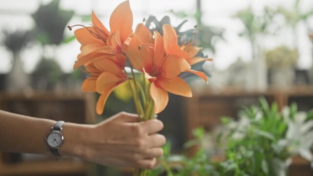 Woman holding orange lilies with hand and wristwatch in a greenhouse amid potted plants and wooden shelves; serenity care.