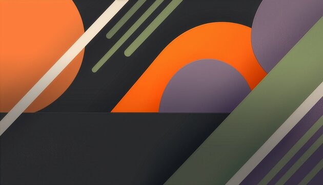 黒色のベースにオレンジや緑、紫色の幾何学図形や斜線が交差する背景　Background Where Geometric Figures and Diagonal Lines in Orange, Green, and Purple Cross on a Black Base