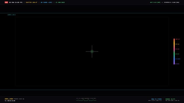 Professional cinema camera monitor UI HUD overlay on black, digital film production viewfinder display with false color IRE meter, 24fps REC indicator, timecode and exposure tools in 4K