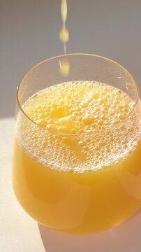 Macro close-up video showing fresh orange juice pouring into a clean transparent glass and forming sparkling fizzy bubbles under bright morning sunlight, perfect for summer refreshment and natural vit