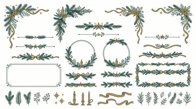 Christmas botanical border and frame collection, hand drawn winter floral design elements, green pine branches and gold ribbons on white background