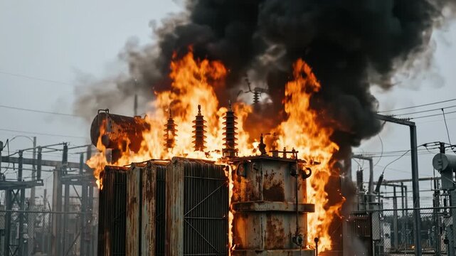 Transformer exploding into flames and thick black smoke at a power station, symbolizing energy crisis and electrical failure