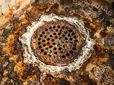 A closeup view of a severely rusted and corroded circular metal drain cover set within a weathered, decaying basin surface showing significant oxidation and structural damage