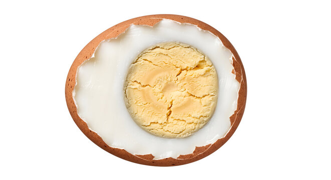 Halved hard boiled egg with yellow yolk and white protein is perfect for breakfast food photography.