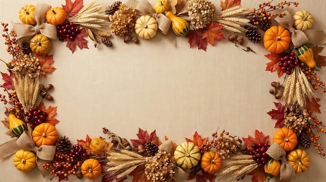Dried flowers forming a rectangular frame on a neutral beige background