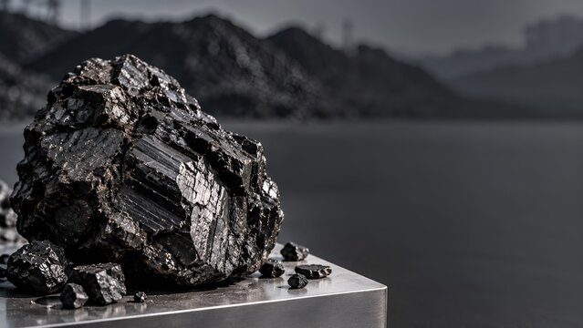 Black raw coal mineral lump close up with dark mining landscape background