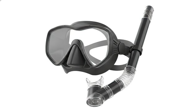 Professional black scuba diving mask with a matching snorkel is presented on a clean white background for underwater sports equipment.