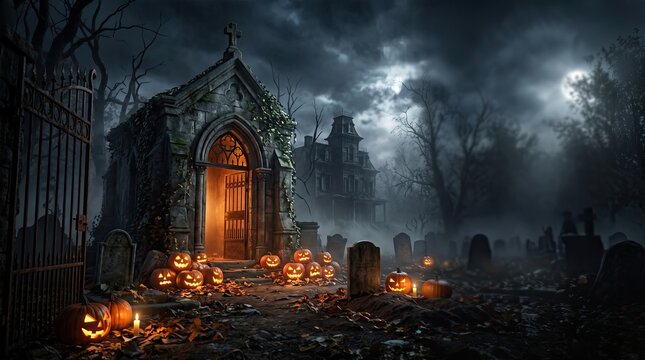 Spooky halloween cemetery with glowing jack o lanterns and haunted crypt under eerie moonlight