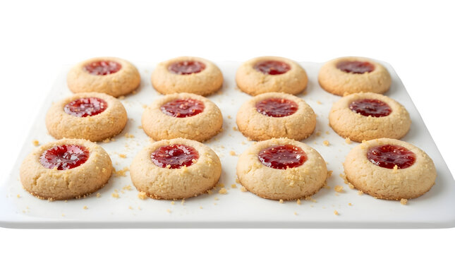 Delicious homemade thumbprint cookies with strawberry jam filling arranged on a white serving tray isolated on transparent background