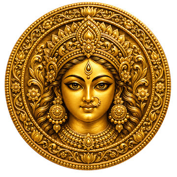 Golden relief goddess durga face medallion with floral crown and intricate frame durga puja and isolated on a transparent background