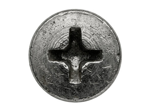 Topdown view of a metallic phillips head screw, isolated on transparent background