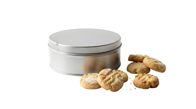 A silver metal cookie tin container placed next to a small pile of delicious homemade shortbread biscuits isolated on transparent background