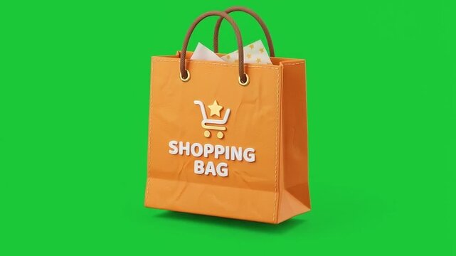 3D Orange Paper Shopping Bag with Handles on Green Screen Background