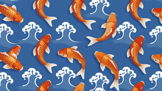 Seamless Repeating Pattern of Vibrant Koi Fish and Waves